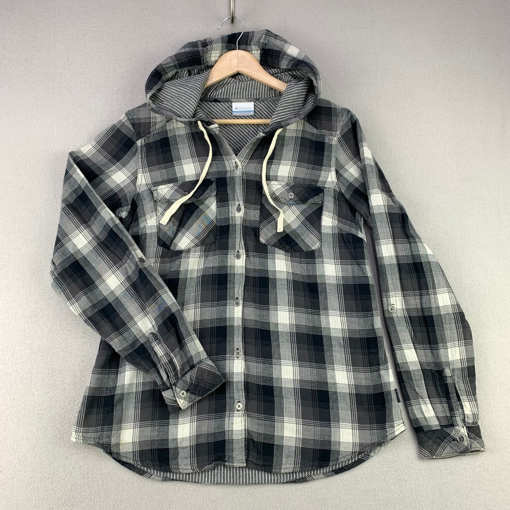Columbia Times Two Hooded Shirt Womens Small Black Plaid Long Sleeve Button Up